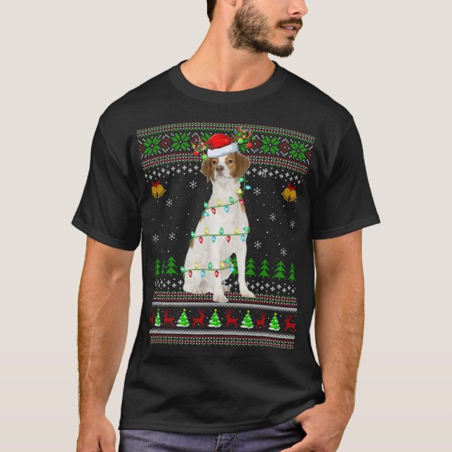 Xmas Reindeer Weihnachtsmannmütze Brittany Spaniel T-Shirt (Vorderseite)