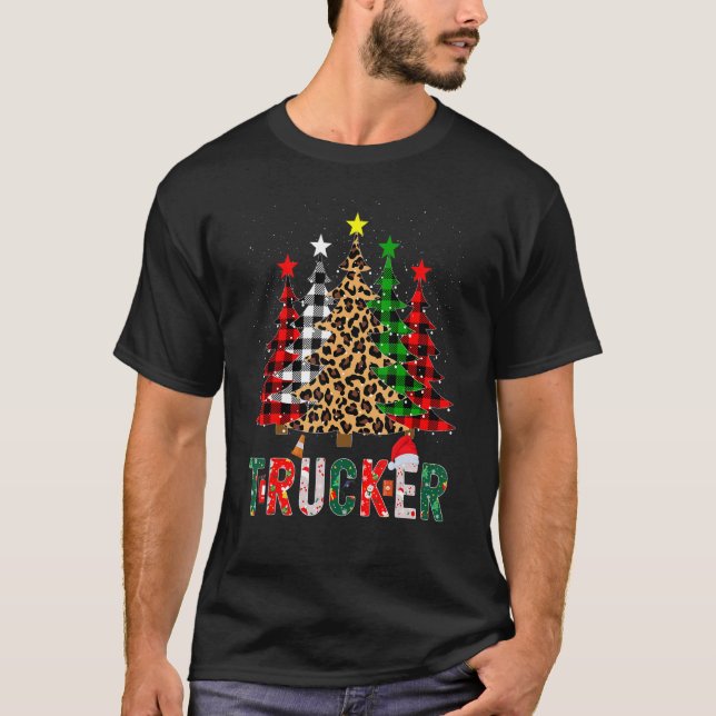 Xmas Santa Trucker Leopard Plaid Print Christmas T T-Shirt (Vorderseite)