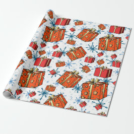 Xmas Scandi Snowflakes Red Packages Umschlagpapier Geschenkpapier