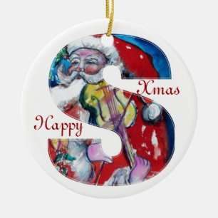 XMAS SCHREIBEN /SANTA CLAUS MIT VIOLIN MONOGRAMM KERAMIKORNAMENT
