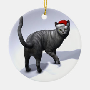 Xmas Silver Tabby Cat Keramik Ornament