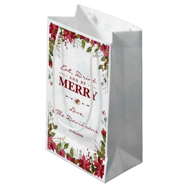 Xmas Snowflakes Poinsettia Eat Drink & be Merry Kleine Geschenktüte (Vorderseite Schrägansicht)