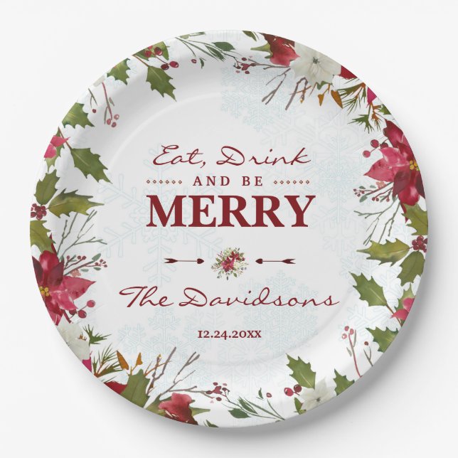 Xmas Snowflakes Poinsettia Essen Drink und seien S Pappteller (Vorderseite)