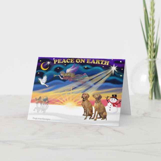 Xmas Sunrise - zwei Vizslas Feiertagskarte (Vorderseite)