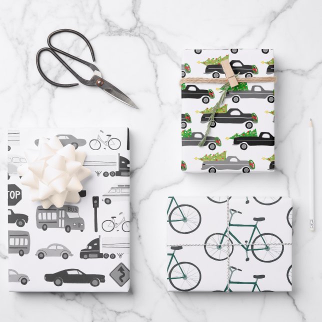 Xmas Traffic Cars Trucks Bikes Variety Pack Geschenkpapier Set (Vorderseite)