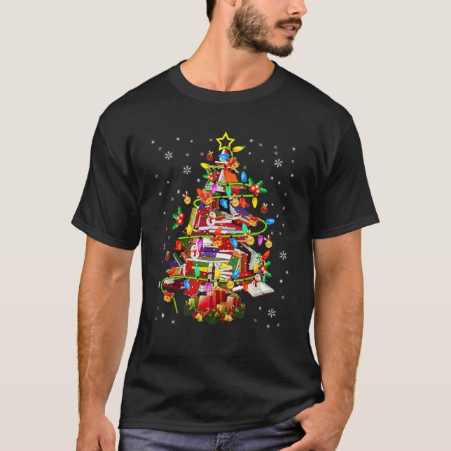 Xmas Tree Library Xmas Lights Tree Book Lover Libr T-Shirt (Vorderseite)