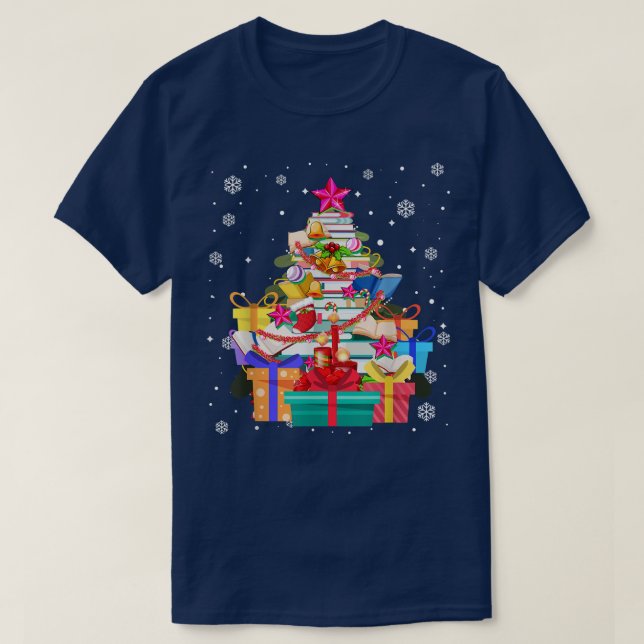 Xmas Tree Library Xmas Lights Tree Book Lover Libr T-Shirt (Design vorne)