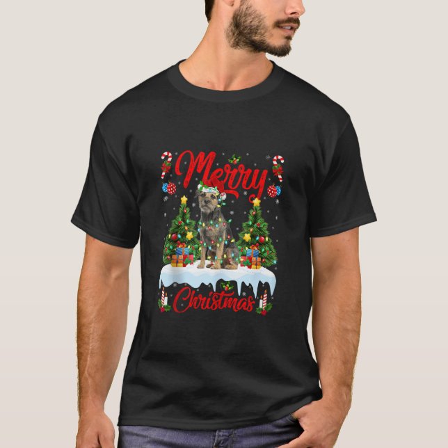 Xmas Tree Lighting Border Terrier Dog Merry Christ T-Shirt (Vorderseite)