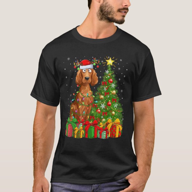 Xmas Tree Lighting Santa Irish Setter Dog Christma T-Shirt (Vorderseite)