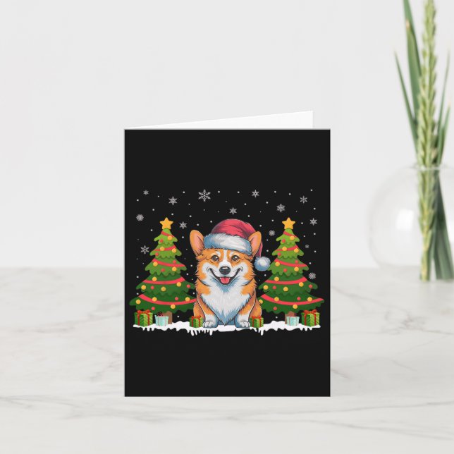 Xmas Tree Lights Corgi Dog Weihnachtsmannmütze Wei Karte (Vorderseite)