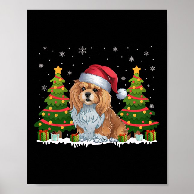 Xmas Tree Lights Lhasa Apso Dog Weihnachtsmannmütz Poster (Vorne)