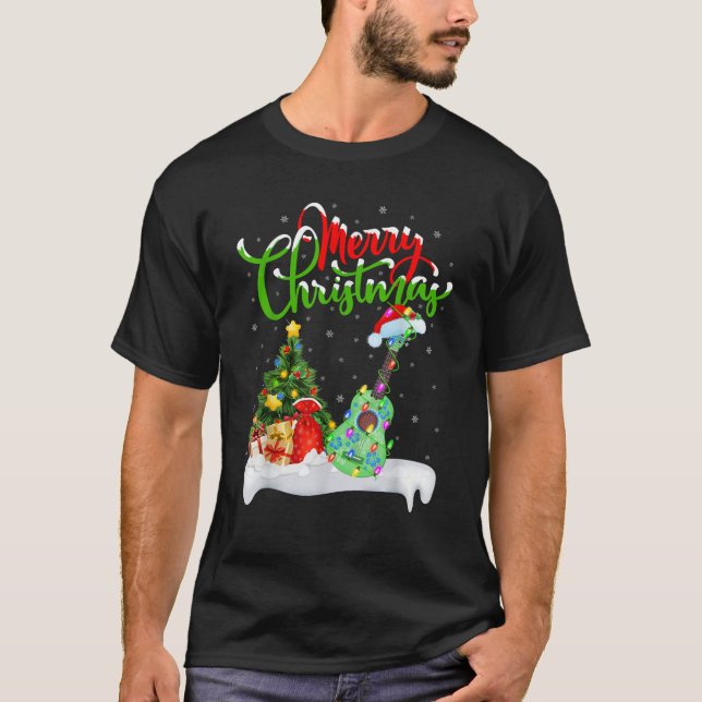Xmas Tree Lights Santa Hat Musical Ukulele Guitar  T-Shirt (Vorderseite)