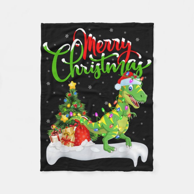 Xmas Tree Lights Santa Hat T Rex Dinosaur Christma Fleecedecke (Vorderseite)