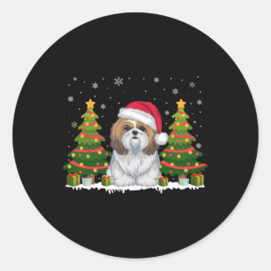 Xmas Tree Lights Shih Tzu Dog Weihnachtsmannmütze Runder Aufkleber