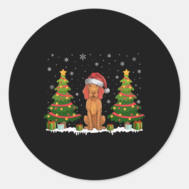 Xmas Tree Lights Vizsla Dog Weihnachtsmannmütze We Runder Aufkleber (Vorderseite)