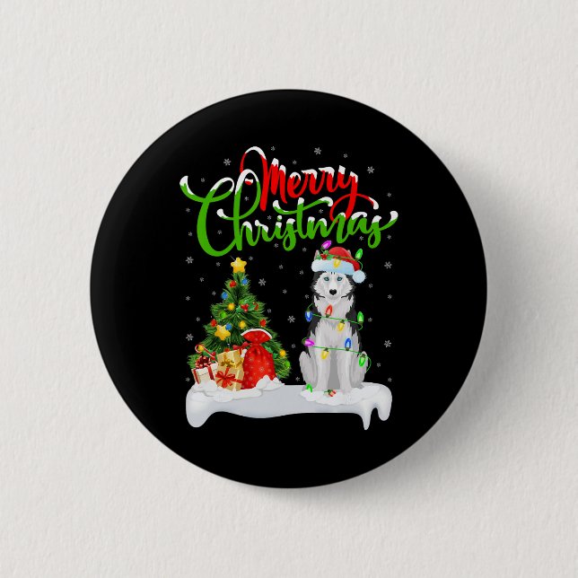 Xmas Tree Lights Weihnachtsmannmütze Siberian Husk Button (Vorderseite)