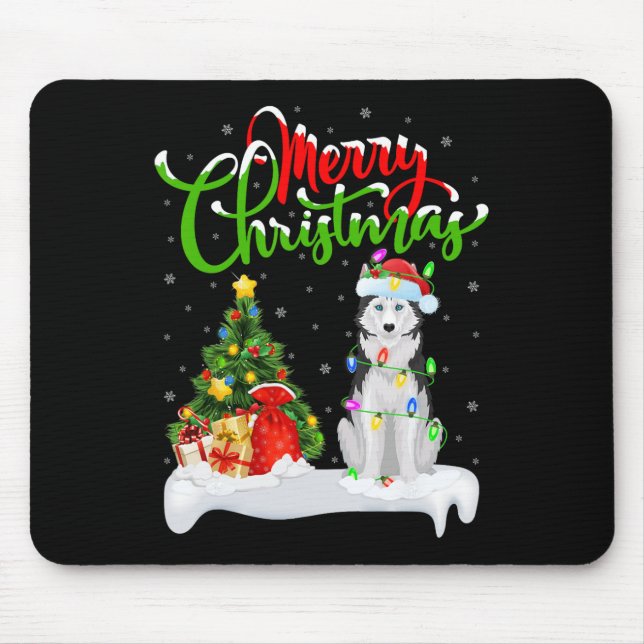 Xmas Tree Lights Weihnachtsmannmütze Siberian Husk Mousepad (Vorne)