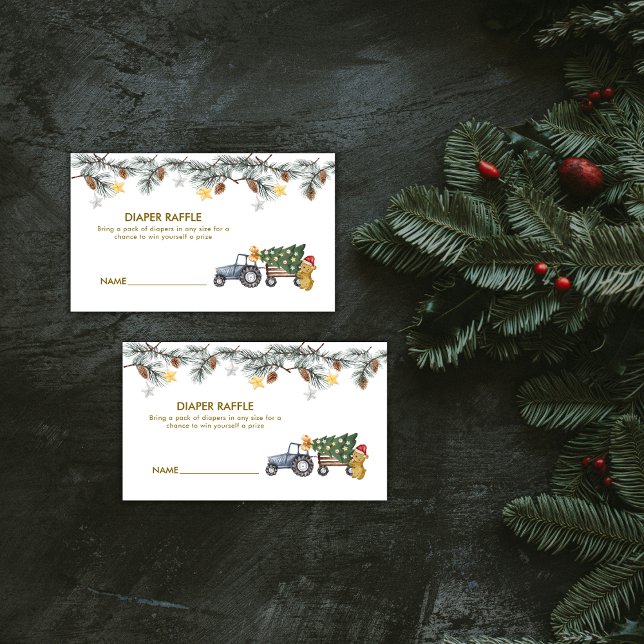 X'mas Tree Tractor Bear Diaper Raffle Baby Shower Begleitkarte (X'mas Tree Tractor Bear Diaper Raffle Baby Shower Enclosure Card)