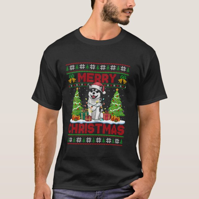 Xmas Tree Ugly Style Weihnachtsmannmütze Akita Dog T-Shirt (Vorderseite)