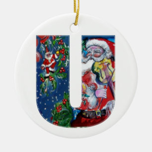 XMAS U SCHREIBEN /SANTA CLAUS MIT VIOLIN MONOGRAMM KERAMIKORNAMENT