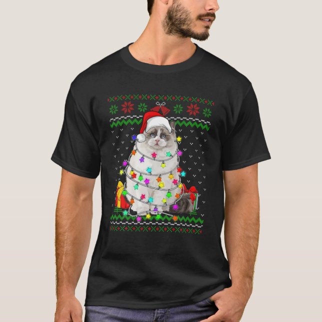 Xmas Ugly Sweater Christmas Lights Cat Kitten Love T-Shirt (Vorderseite)