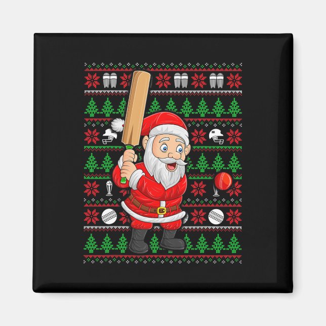 Xmas Ugly Sweater Style Santa Playing Cricket Chri Magnet (Vorne)