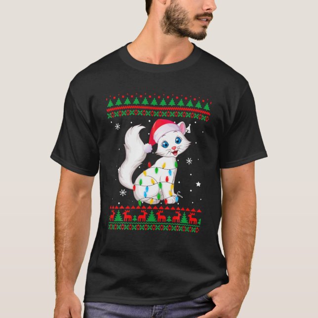 Xmas Ugly Sweater Weihnachtsbeleuchtung Cat Kitten T-Shirt (Vorderseite)