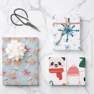 Xmas Wrapping Paper Flat Sheet Set 3 Geschenkpapier Set