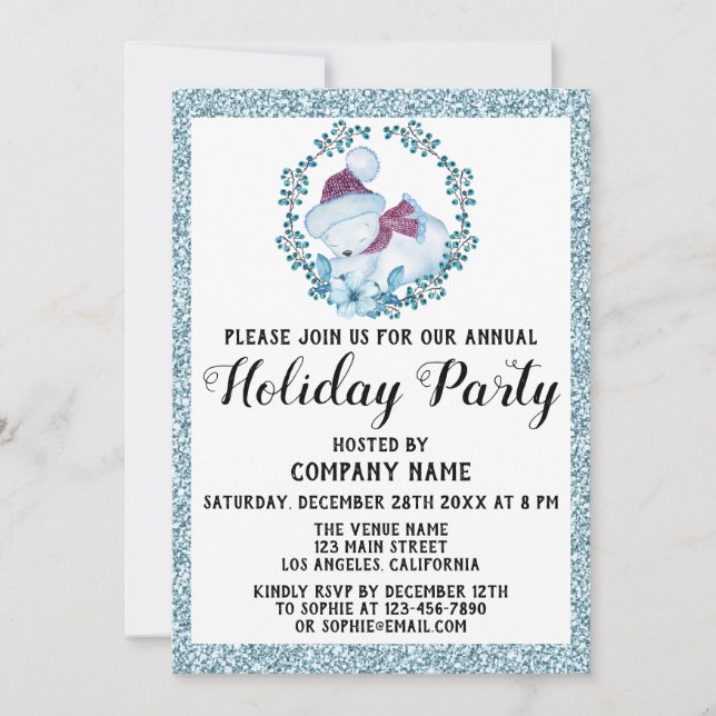 Xmas Wreath Company Holiday Party Blue Glitzer Einladung (Vorderseite)