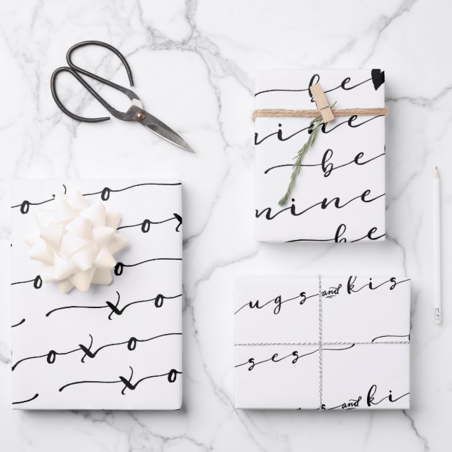 XO XO Be Mine White & Black Calligraphy Valentine Geschenkpapier Set (Vorderseite)