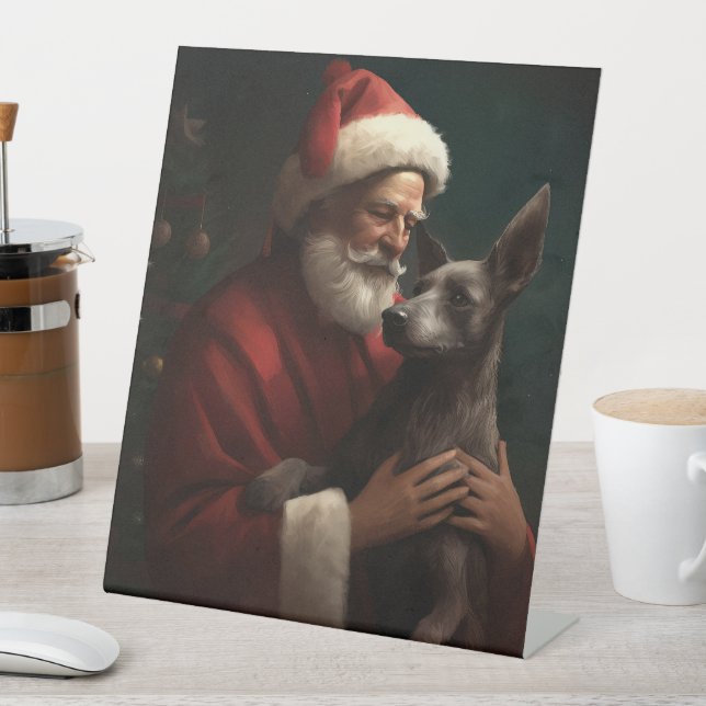 Xoloitzcuintli mit dem Weihnachtsmann Weihnachten Sockelschild (In Situ)