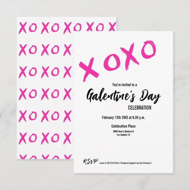 XOXO Galentine's Day PINK WHITE Valentines Party Einladung (Vorne/Hinten)