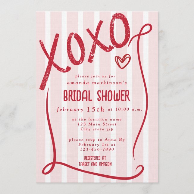 XOXO Hand Drawn Pink Bridal Shower Party Einladung (Vorderseite)