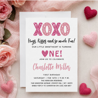XOXO Hugs & Kisses Valentinstag 1. Geburtstag Einladung
