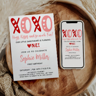 XOXO Hugs & Kisses Valentinstag 1. Geburtstag Einladung