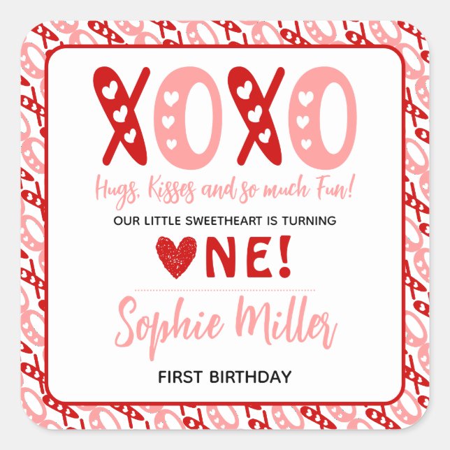 XOXO Hugs & Kisses Valentinstag 1. Geburtstag Quadratischer Aufkleber (Vorderseite)