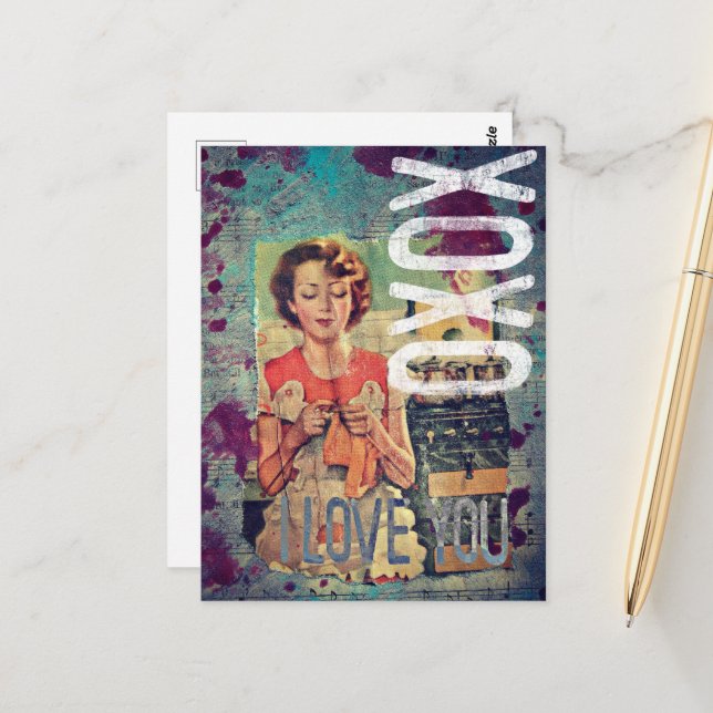 XOXO I Liebe Sie Retro Mixed Media Collage Postkarte (Vorderseite/Rückseite Beispiel)