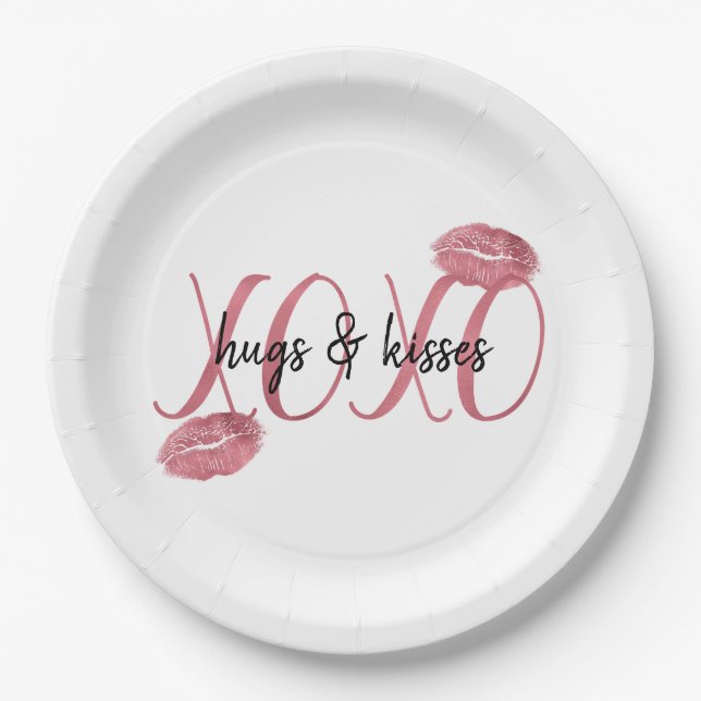 XOXO Kisses Pink Lippen personalisiertes Zitat Pappteller (Vorderseite)