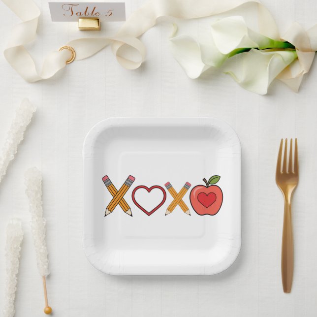 XOXO Lehrerin Valentinstag Stift und Apfel Pappteller (Hochzeit)
