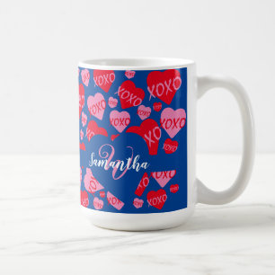 XOXO Monogramm Herz rosa rotes Muster Blau Kaffeetasse
