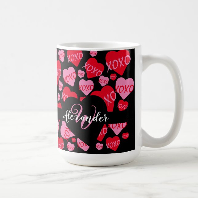 XOXO Monogramm Herz rosa rotes Muster Schwarz Kaffeetasse (Rechts)