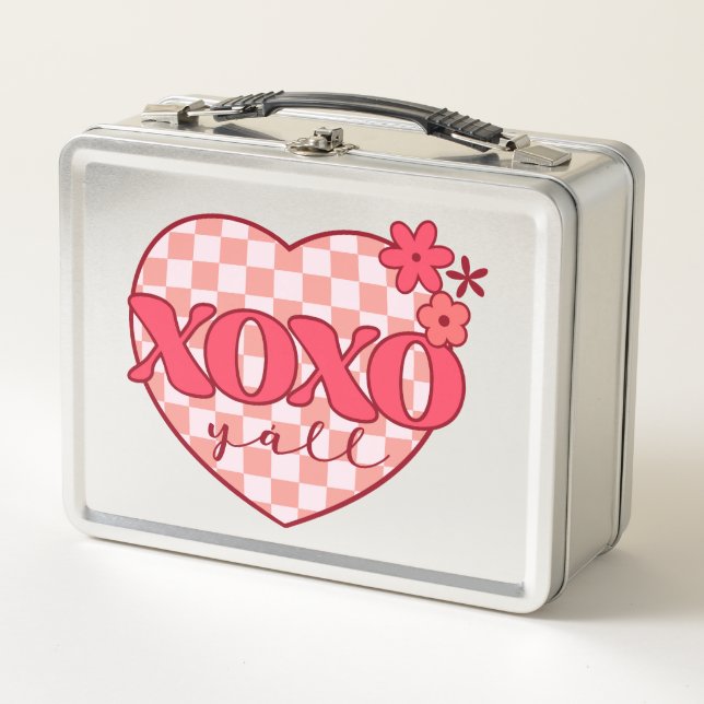 XOXO | Niedliches und liebenswertes rosa Herz Metall Brotdose (Vorderseite)