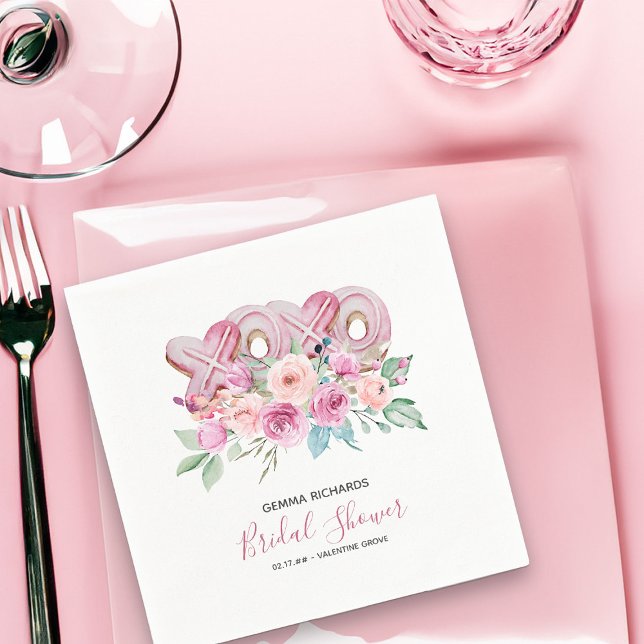 XOXO Pink Cookies Hübsches Brautparty Serviette (Bridal Shower Napkins with XOXO Cookies and pretty pink and peach roses perfect for Valentines theme)