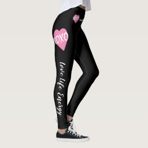 XOXO Pink Heart White XOXO Hugs Kisses Black Leggings