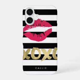 XOXO Rosa Lippenabdruck Schwarz & Weiß Streifen iPhone 16 Hülle