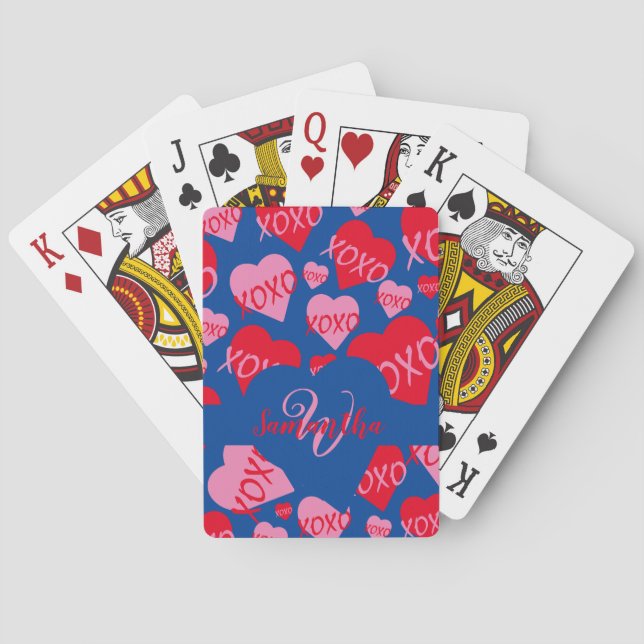 XOXO Rosa rotes Herzmuster Monogramm Blau Spielkarten (Rückseite)