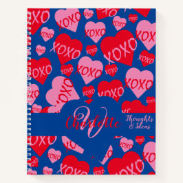 XOXO Rosa rotes Herzmuster Monogramm Liebe Blau Notizbuch