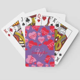 XOXO rosa rotes Herzmuster Monogramm Lila Spielkarten
