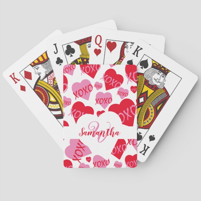 XOXO Rosa rotes Herzmuster Monogramm Weiß Spielkarten (Rückseite)