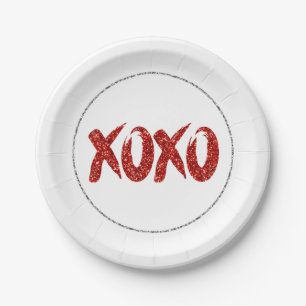 XOXO Roter Glitzer   Glam Brushstroke Hug and Kiss Pappteller